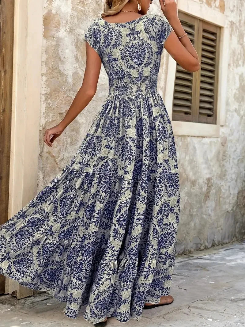 Women's Summer Retro Fashion Floral Printed Sexy V-neck Short Sleeve High Waist Medium Length Bohemian Loose Holidays Dresses