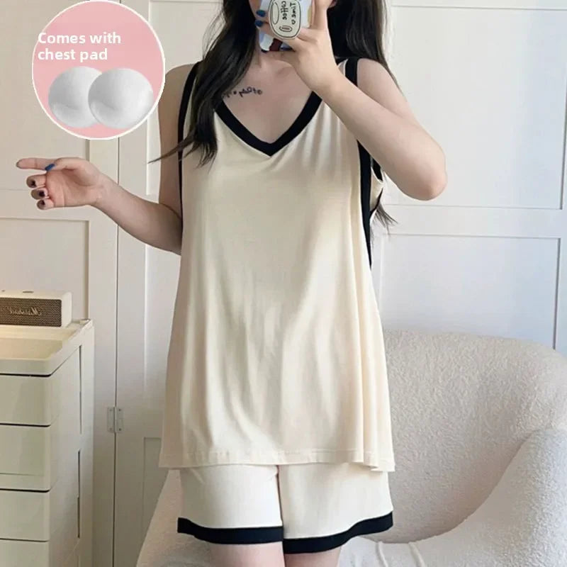 Women Sleeveless Summer Casual 2/pce Set Girls Spaghetti Strap Vest Shorts Outfit Lady Color Blocked Bra Pad Fashion Loungewear