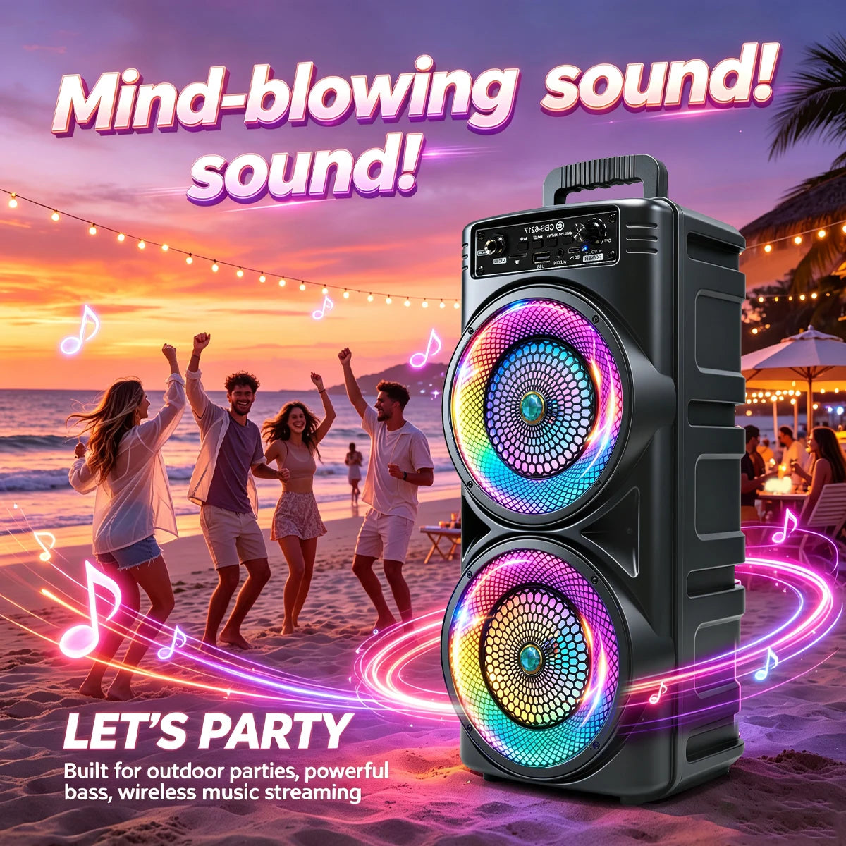 Portable  Bluetooth Party Speaker, Dual 6.5 Inch Big Subwoofer, Colorful RGB LED Light Effects, Wired Microphone, Bluetoo