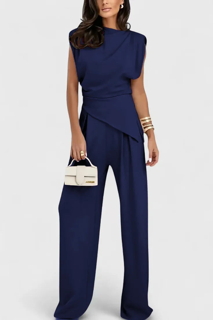 Women's Sleeveless Asymmetric Top & Wide Leg Pants Set Solid Color High Waist Casual Two Piece Outfit Office Lady Simple Set