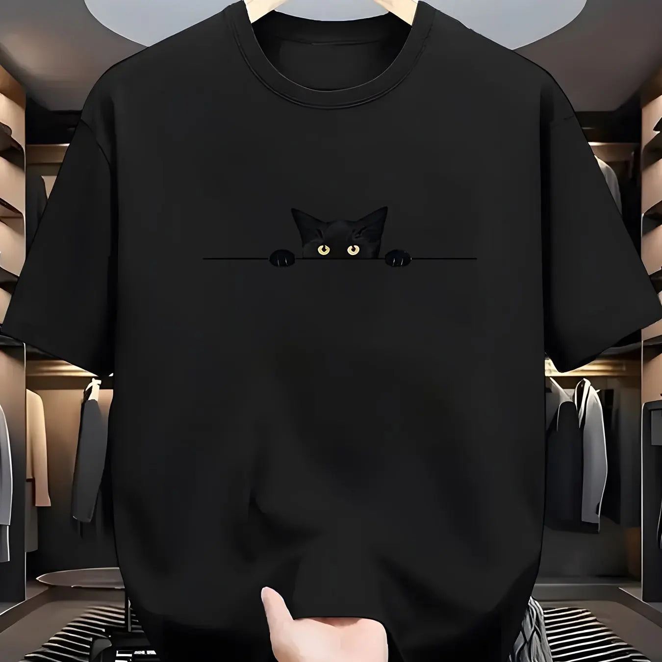 Men's Summer 100% Cotton Fashionable Casual Loose Large Cute Cat Pattern Printed Round Neck Short Sleeve T-shirt Top