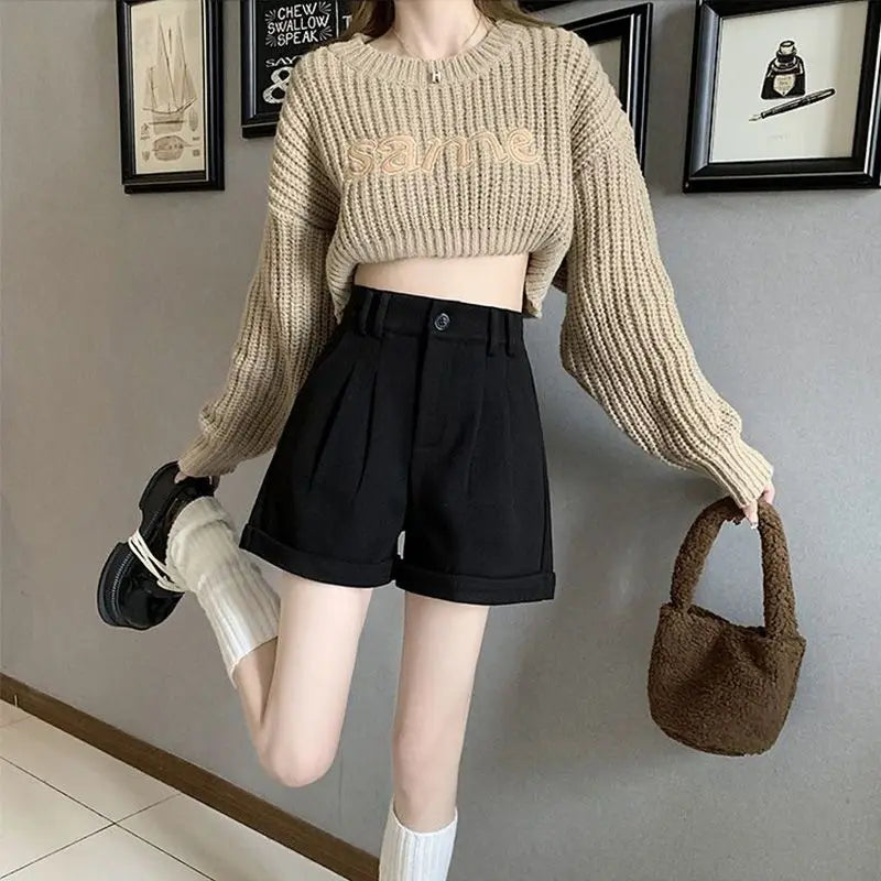 Women Office Lady Summer 2025 Solid Brown Thick High Waist Shorts Korean Style Wide Leg Boot Pants