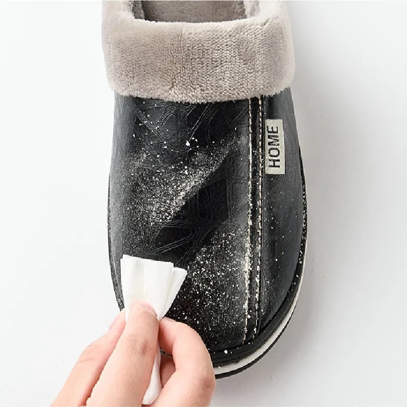 Big Size 50-51 Men Slippers Winter PU Leather Warm Indoor Waterproof Home Furry Flats Couples Slides Bedroom Non Slip Shoes