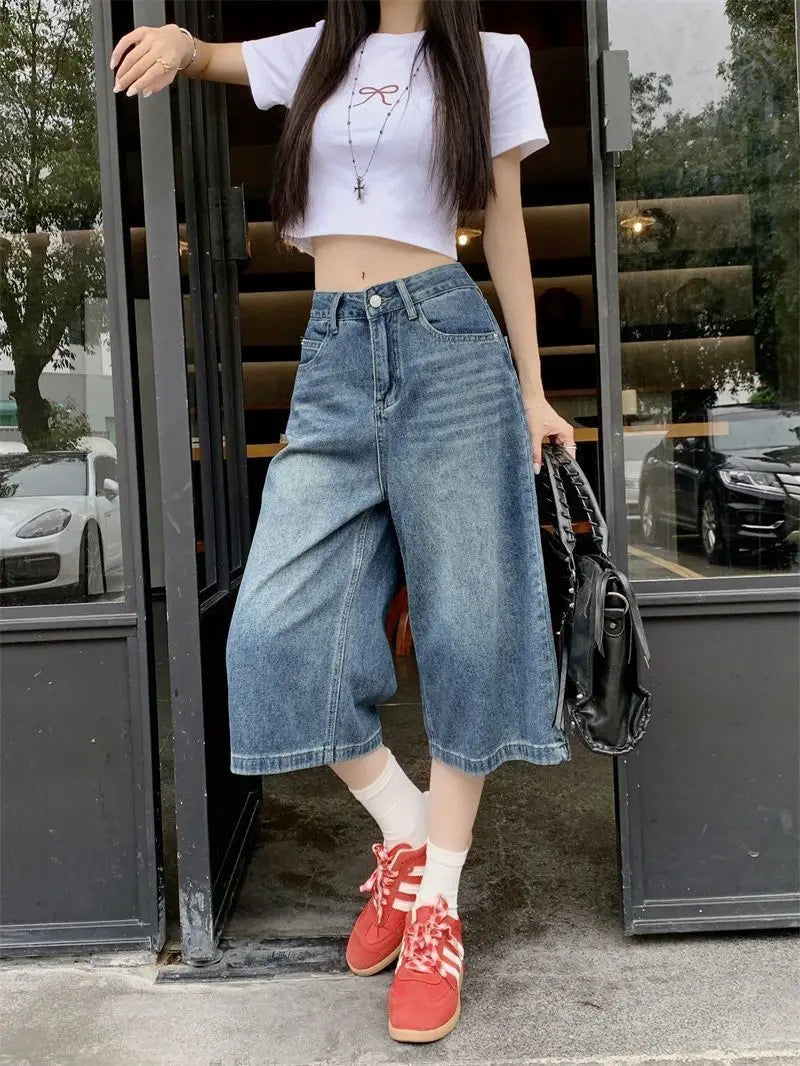 Summer American Style Vintage Women Baggy Jeans Y2k Loose Washed High Waist Knee Length Denim Pants Streetwear Wide Leg Shorts