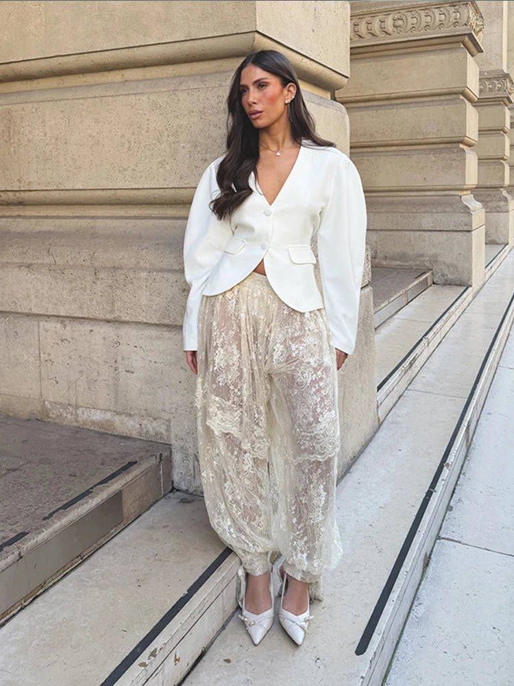 Lace Trim Drawstring Hem Pants Sheer Floral Print Baggy Fit 2026 Summer Vacation Women Pant Trendy Romantic Lady Date Trousers