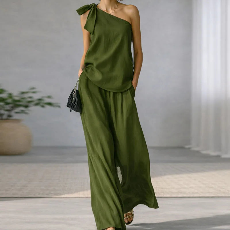 Women's 2 Piece Set 2026 Spring Sexy One Shoulder Tie Knot Top And Wide Leg Pants Suit Casual Loose Summer Beach Vacation Outfit