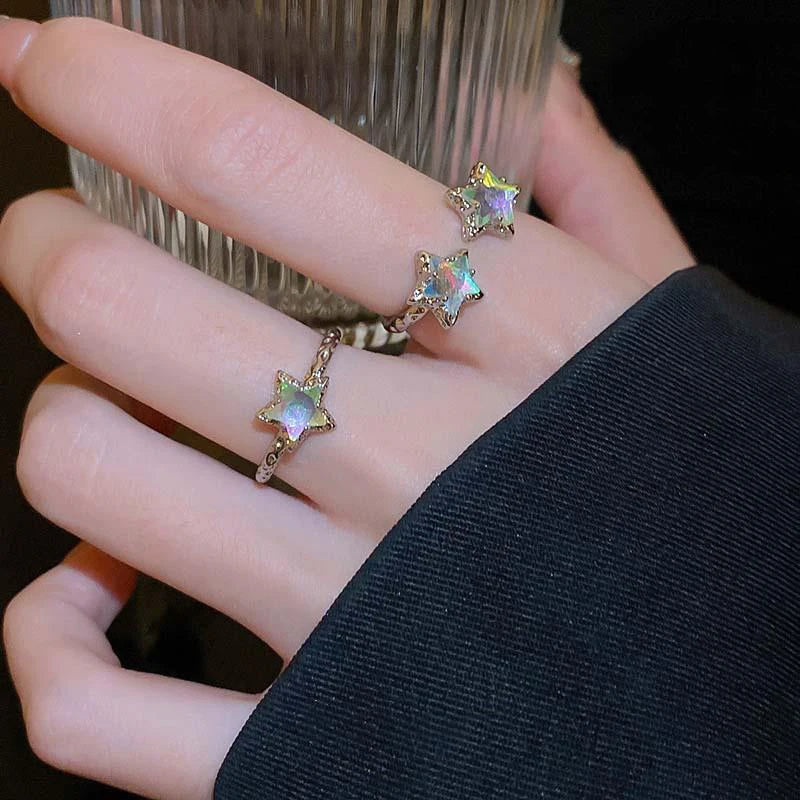 New Blue Planet Star Moon Rings for Women Zircon Rhinestone Pearl Open Finger Rings Sweet Party Y2K Jewelry 2000S Girls Gifts