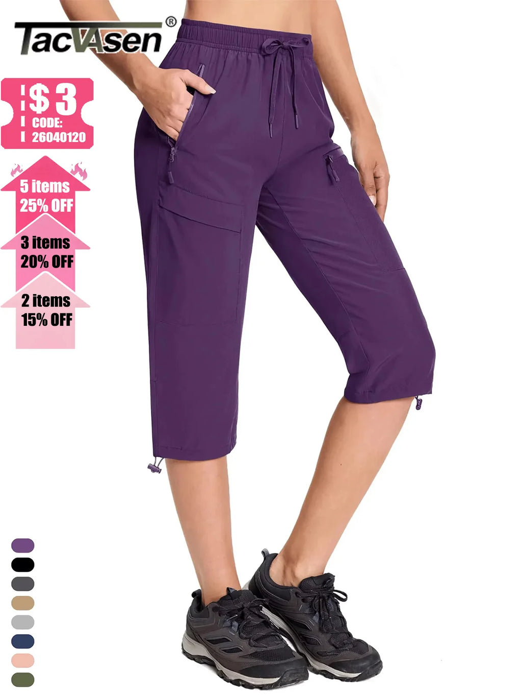 TACVASEN UPF50+ Quick Dry Capri Pants Womens Summer Hiking Cargo Pants 5 Pockets Waterproof Sun UV Protection Knee Length Shorts