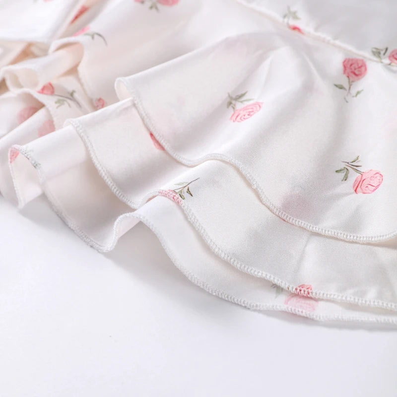 Elegant Floral Print Chiffon Dress Women's Backless Long Sleeve Ruffle Waist Cutout Tiered Dresses 2026 New Lady Party Wear