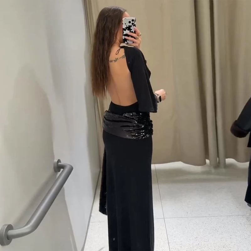 Sexy Deep V-neck Lace Spliced Sequins Long Dress Women Sleeveless Backless Hip Package Slim Dresses 2026 Spring Lady Party Gowns