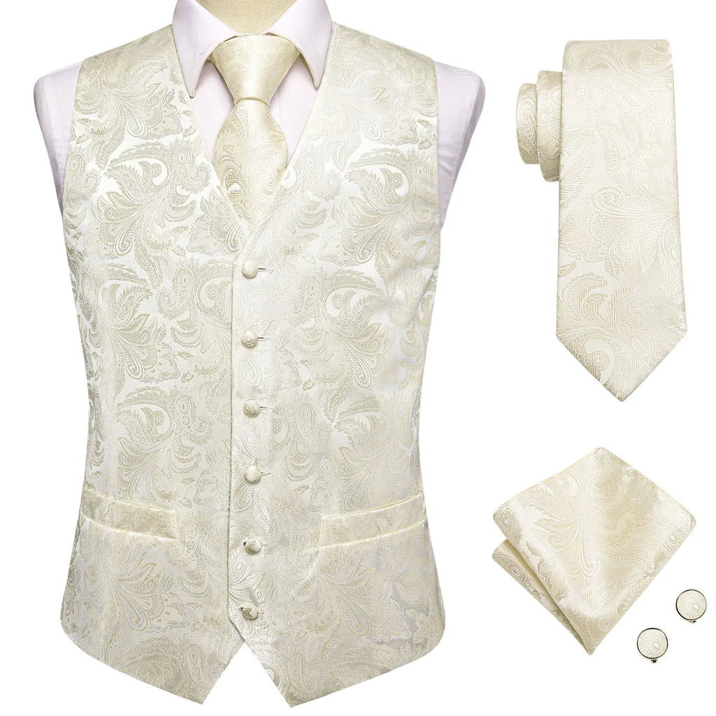 Hi-Tie Silk Mens Waistcoat Tie Set Gold Brown Orange Beige Ivory Khaki Bronze Sleeveless Jacket Suit Vest Necktie Hanky Cufflink
