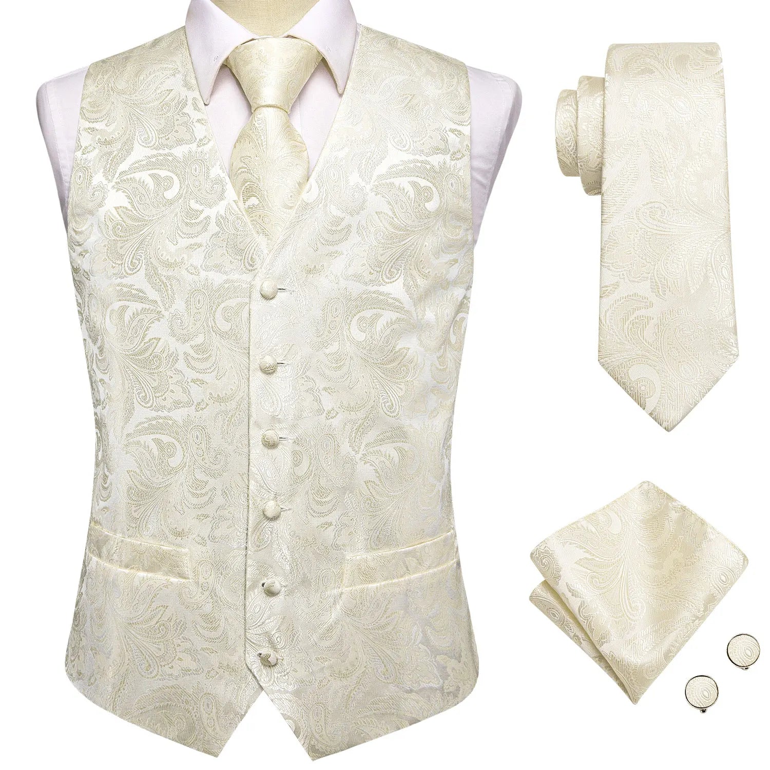 Hi-Tie Silk Mens Waistcoat Tie Set Gold Brown Orange Beige Ivory Khaki Bronze Sleeveless Jacket Suit Vest Necktie Hanky Cufflink