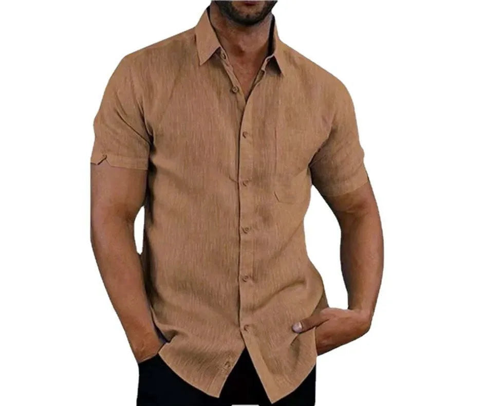 Men Pocket Blouse Tops Summer Male Turn Down Collar Button Short Sleeve Slim Solid Color Blouse Shirts YYCFS-19505