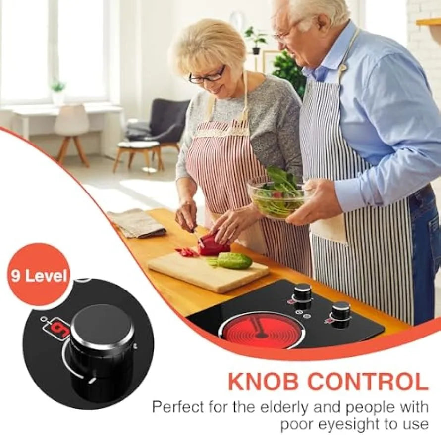 Electric Cooktop 2 Burners Knob Control Countertop Built-in Ceramic Cooktop