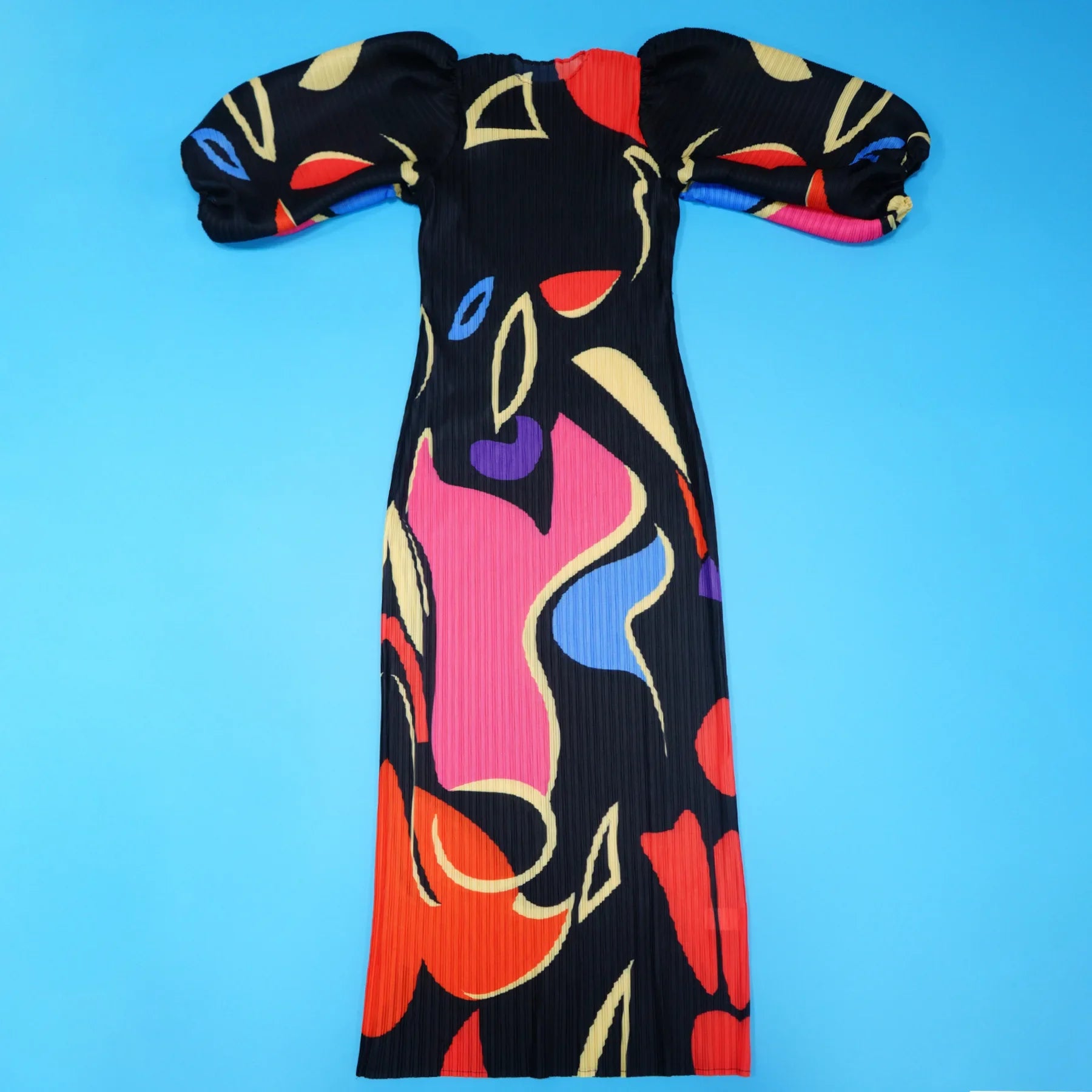 Elegant Women Pleated Half Lantern Sleeve O-neck Slim Maxi Long Dress Print Fashion Autumn 2025 Ruched Dresses Vestidos