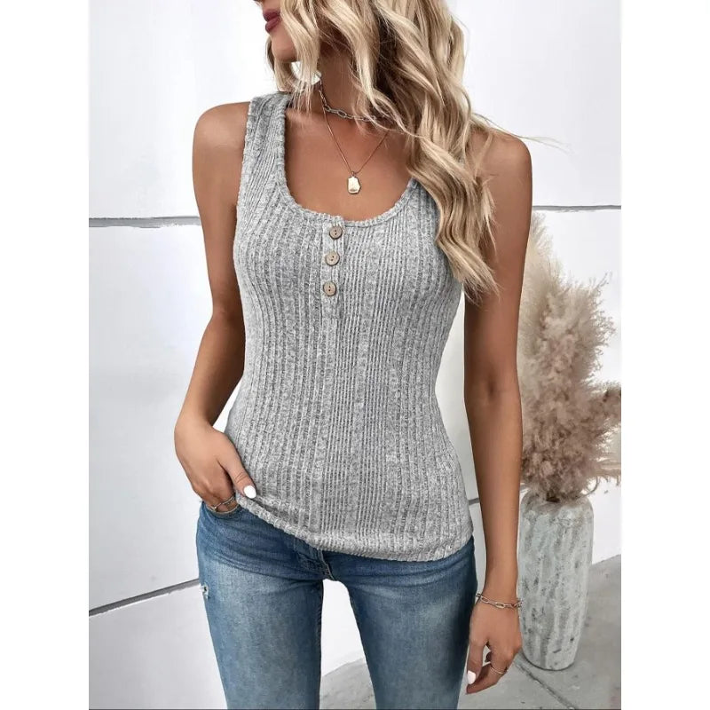 Plus Size Woman's Vest Summer Solid Color Square Neck Buttons Knit Sleeveless Casual Ladies Tops Vests