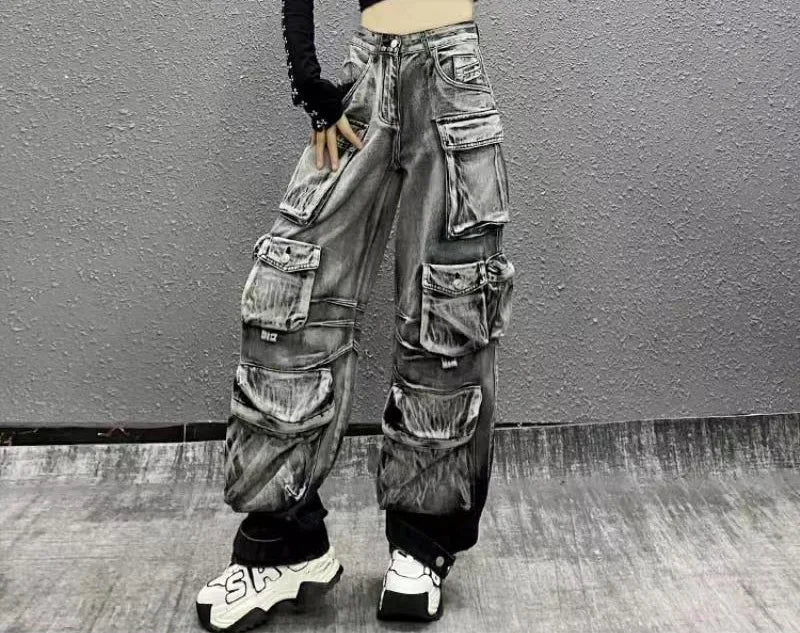 Jeans Women Denim Distressed Multi Pocket Y2k Streetwear Cargo Pants Casual High Waist Zipper Fly Winter Gradient Mom Jeans