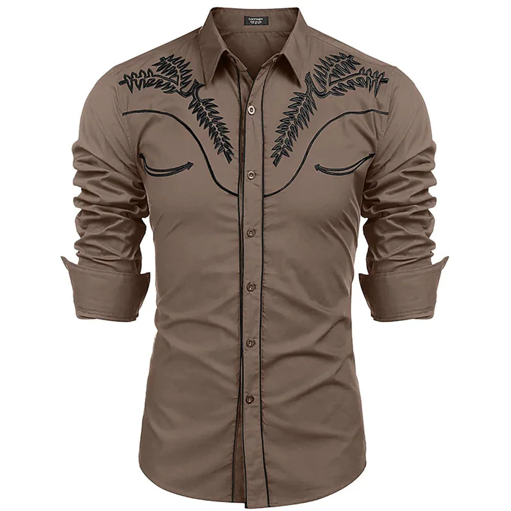 2023 New Men's Western Printed Long-Sleeved Lapel Single-Breasted Shirt Casual Social Men's Club Street Clothing