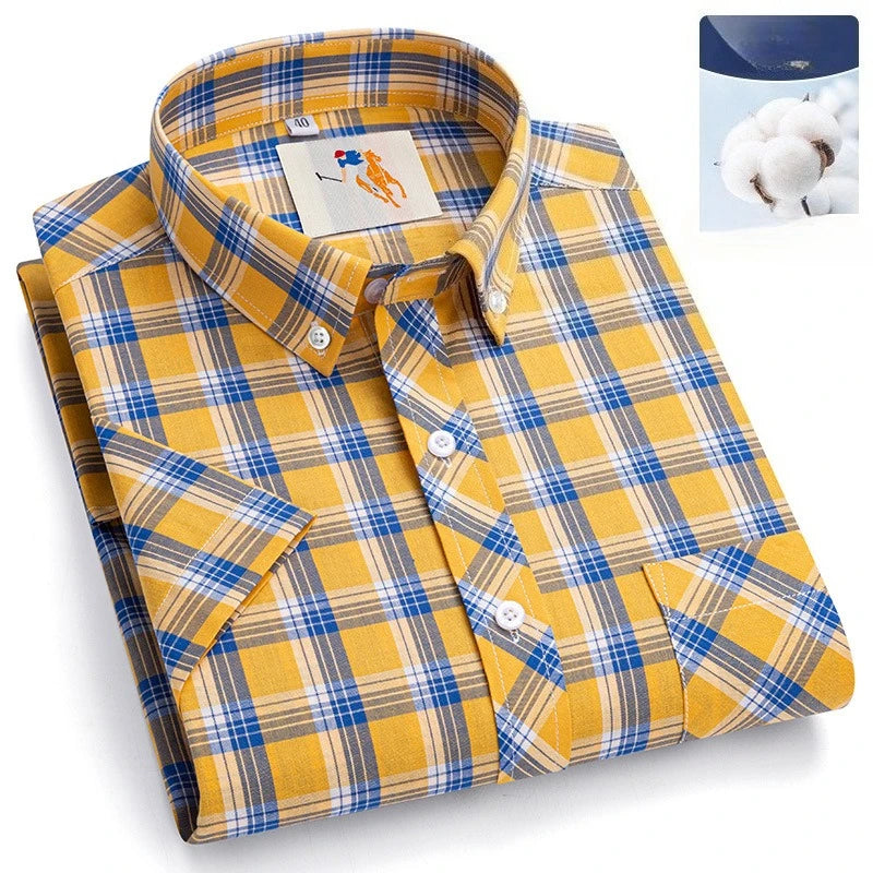 Fashion Korean Plus Size 8XL 100%Cotton Short Sleeve Shirts for Men Slim Fit Formal Plain Shirt Plaid Hawaiian Shirt Casual Top