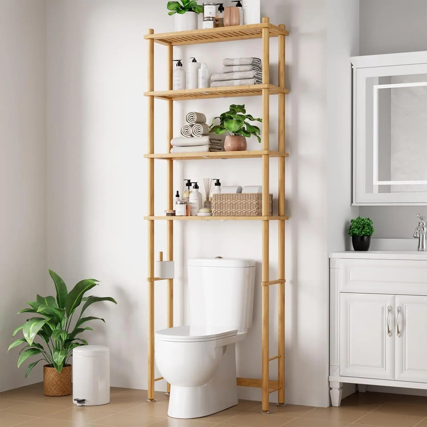 Over Toilet Storage Rack - 4 Tier Metal Bathroom Organizer Shelf with Paper Holder and Hooks, Black