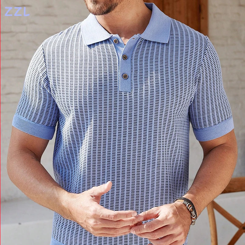 New Mens Knit Shirts Men's Polo Shirts Short Sleeve Summer Polo Men's Knit Shirts American Stretchy Golf Polo Old Money Tops