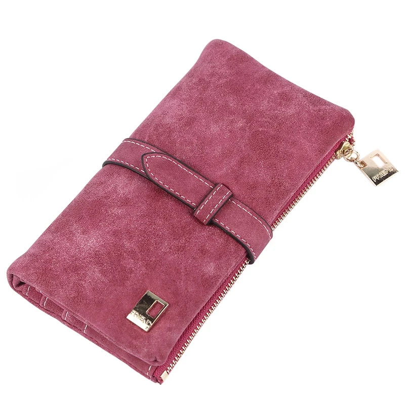 Vintage Women Long Standard Wallets Purse Fold Drawstring Nubuck Leather Zipper Suede Bag Female Simple Design Clutch Handbags