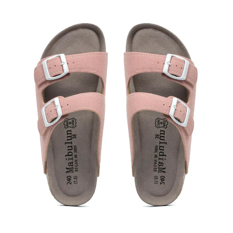 Nubuck Women Cork Slippers Summer Mule Clogs Flats Sandals Slides Casual Beach Couple Double Buckle Soft Shoes Footwear Big Size