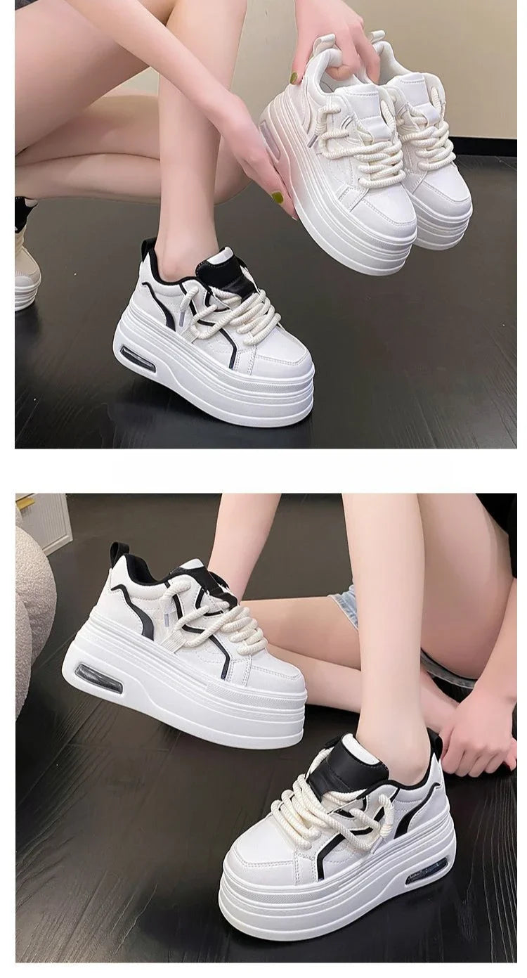 Fashion Platform Sneakers Women Spring Autumn Comfort Round Toe Lace-up 8CM Thick Bottom Black White Casual Sport Shoes