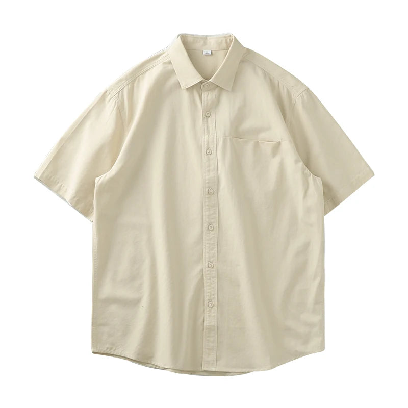 Dukeen Heavyweight Short-Sleeved Shirt Men's Summer Solid Color Lapel Pocket Casual Shirt Cotton White Shirts