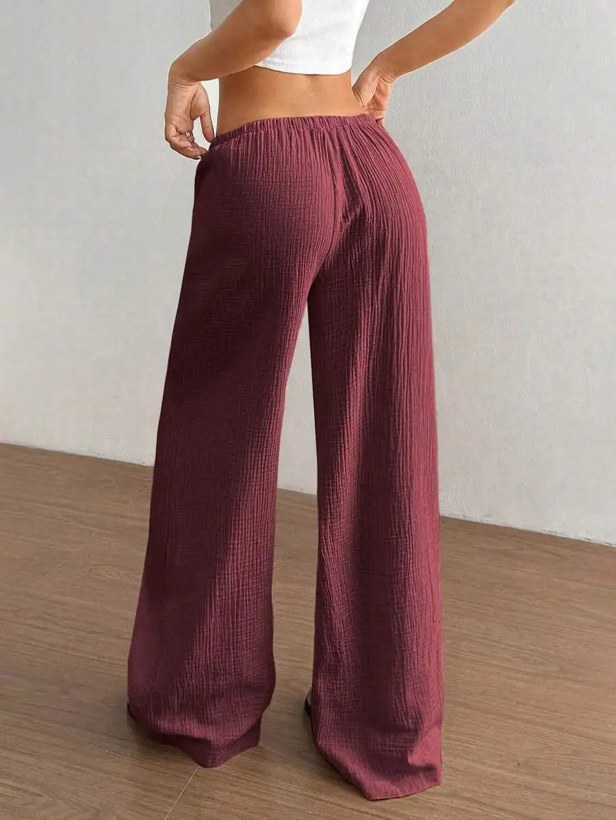 Women's Elegant Versatile Elastic Waist Comfortable Casual Pant Slightly Elastic Simple Solid Color High Waist Wide-leg Pants