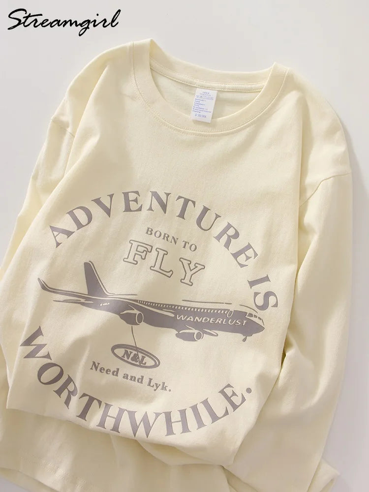 Streamgirl Cotton Long Sleeve T-shirt For Women Spring Tops Graphic Tees Oversized Casual Light Yellow Tshirts Ladies Basic Tops