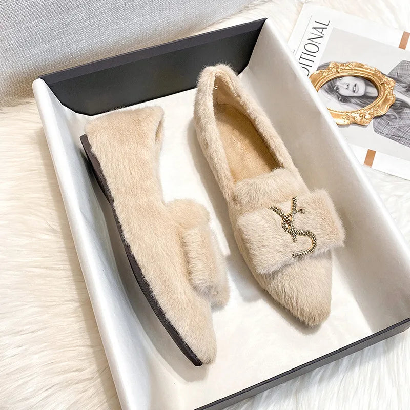 Flats Shoes for Women 2024 New Autumn Pointed Flat Mink Fur Winter Shoes Velvet Women's Loafers Ladies Shoes Plus Size 41 42 43