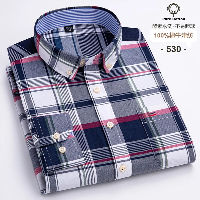 2024 Fashion Men Work Business Brand Shirt Mens Plaid Cotton Casual Dress Shirts Slim Fit Long Sleeve Button Down  Chemise Homme