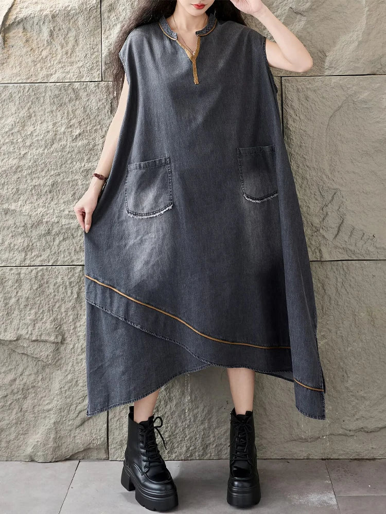 Amax LuluE Korean Summer Long Clothes Womens Fashion Loose Denim Dresses Ladies Classic Casual Big Size Elegant V Neck Vestidos