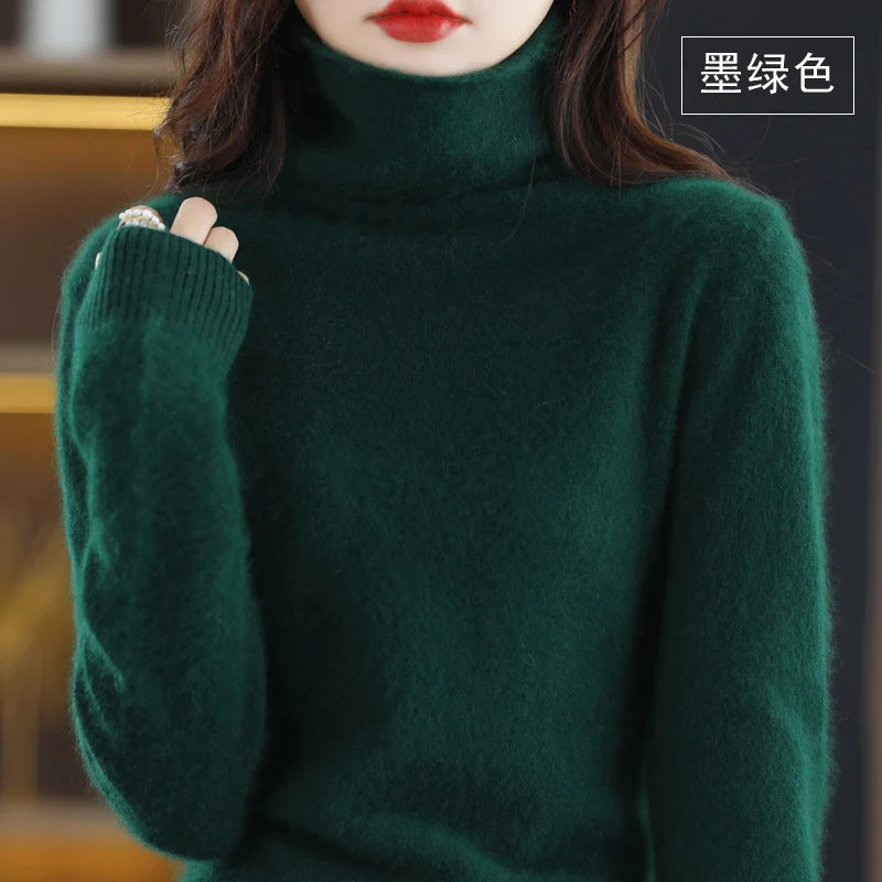 Women's Pile Collar 100% Mink Cashmere Sweater Winter High Collar Knitted Pullover Casual Short Thick Tops Loose Warm Base Shirt