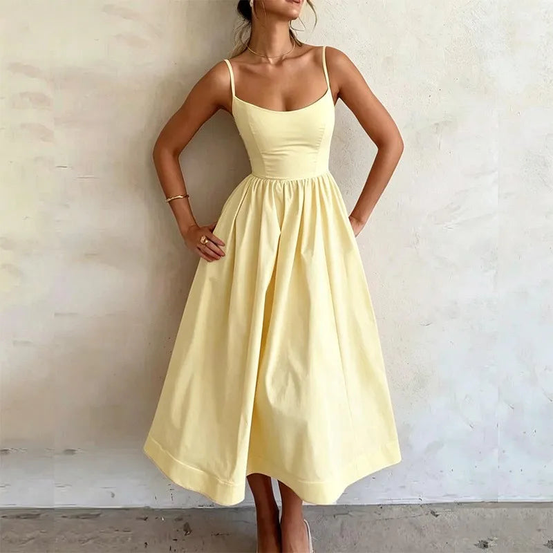 Summer Dress Woman White Spaghetti Strap Dresses Women's Sleeveless High Waist Maxi Dress Pastel Lavender Cotton Look Fabric