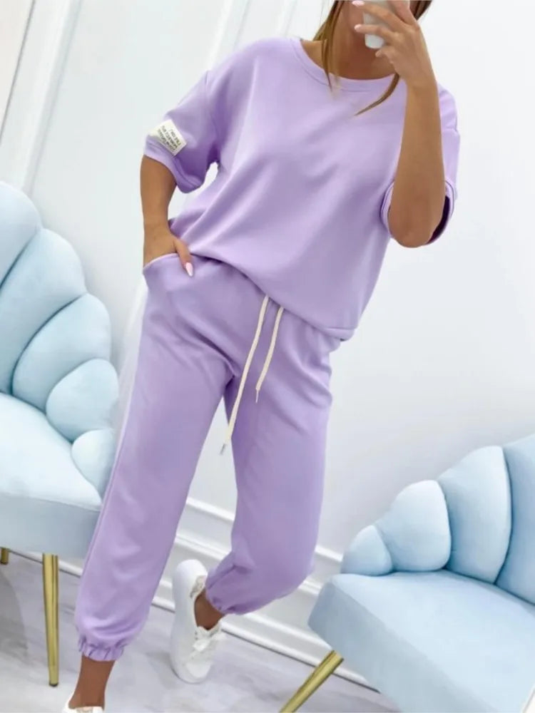 Fashion O Neck Short Sleeve Solid Color T-shirt Women Trousers 2-piece Set Summer Casual Sports Elastic Small Feet Trousers Suit