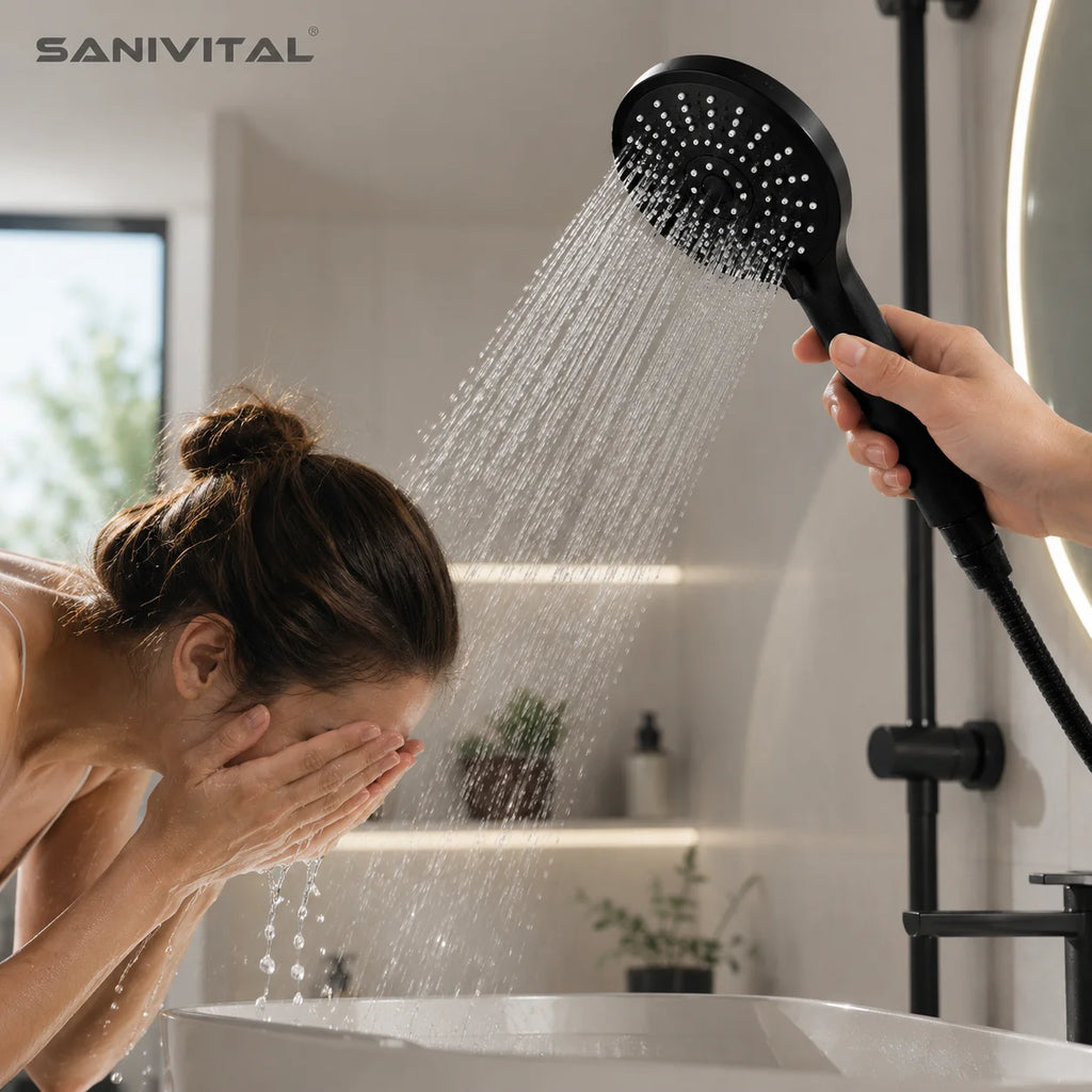 SANIVITAL Matte Black Handheld Shower Head with 5 Spray Modes High Pressure Anti-Clogging Bathroom Sprayer