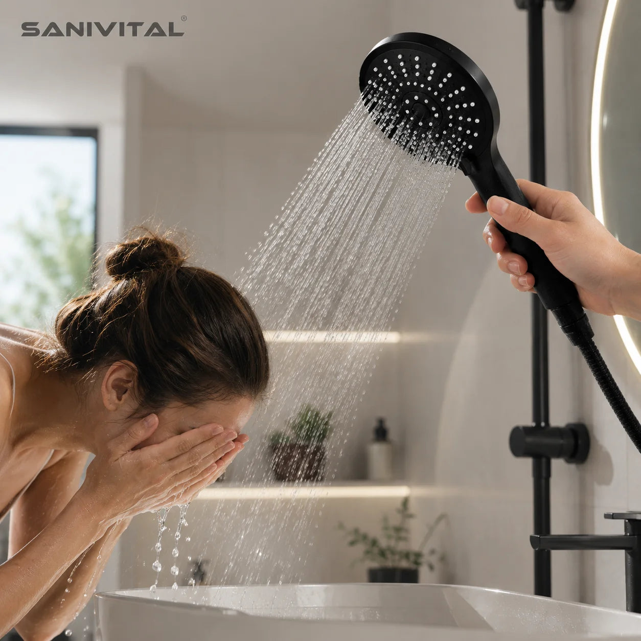 SANIVITAL Matte Black Handheld Shower Head with 5 Spray Modes High Pressure Anti-Clogging Bathroom Sprayer