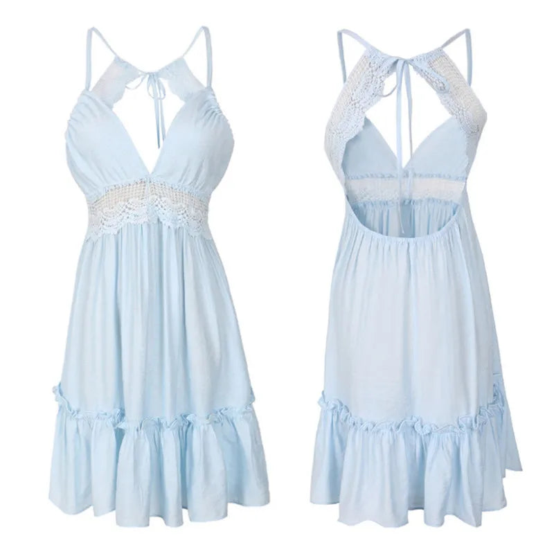 New Women Party Lace Flower Backless Mini Dress Summer Sexy Sling Spaghetti straps Deep V Neck Wedding Club Vestidos