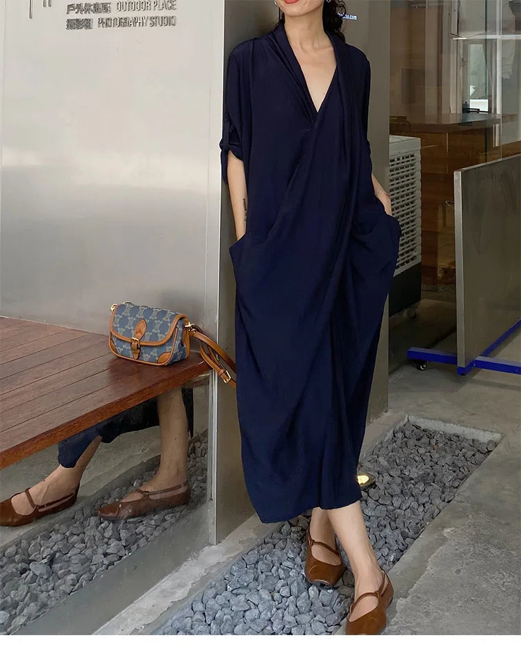 New Chinese-Style Dress~Draped Collar Navy Blue Pleated Dress, Summer Slimming and Elegant Long Dress for Women