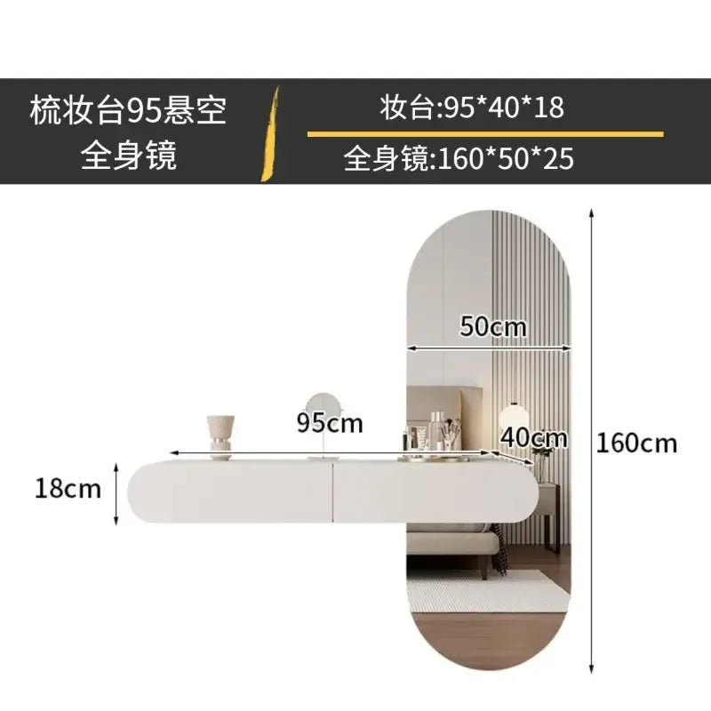 Cream Wall Mounted Dresser with Mirror Modern Minimalist Bedroom Makeup Vanity Floating Storage Console Table
