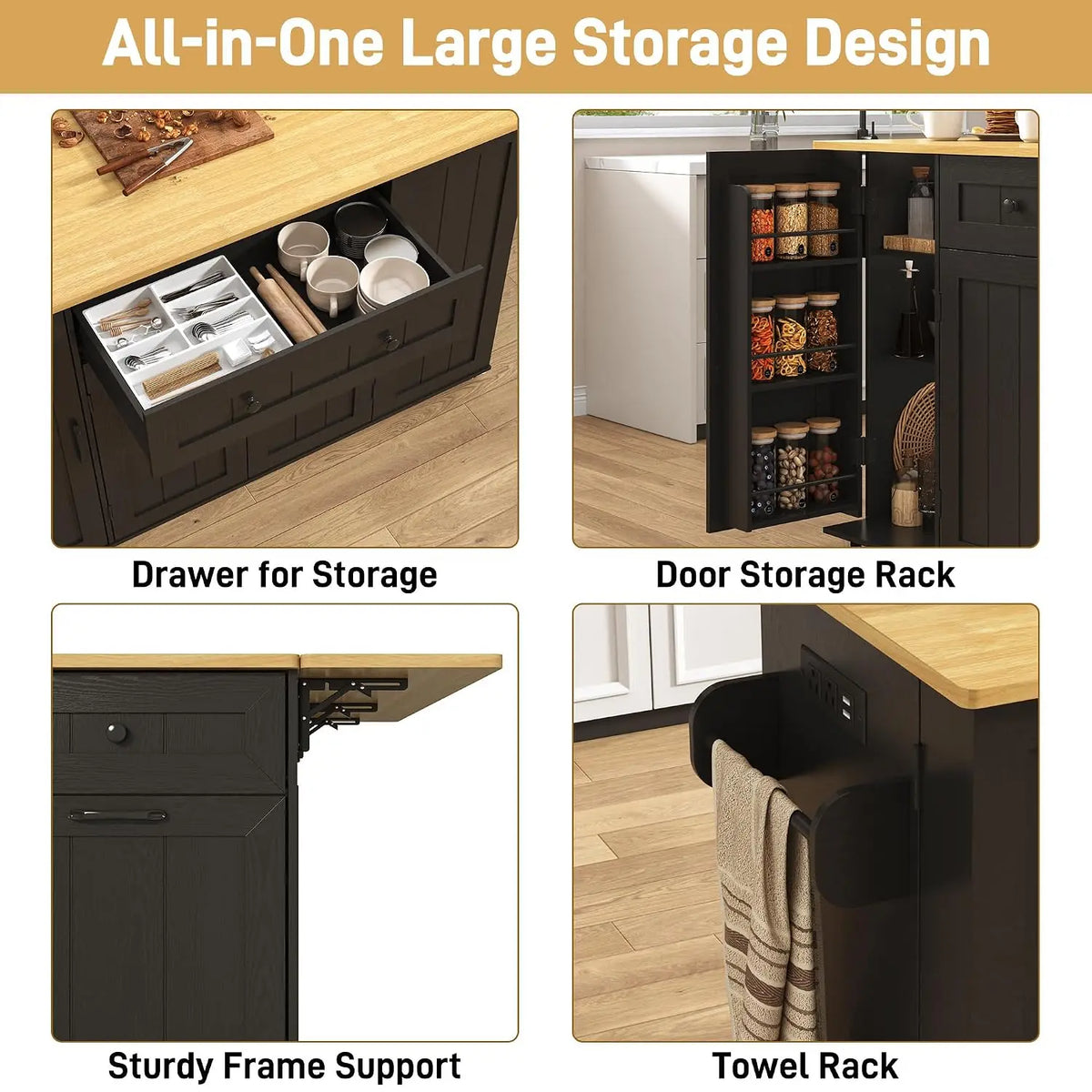 57" Rolling Kitchen Island With Power Outlet & Drop Leaf, Mobile Cart With Hidden Trash Cabinet & Towel Rack, Black, Customized