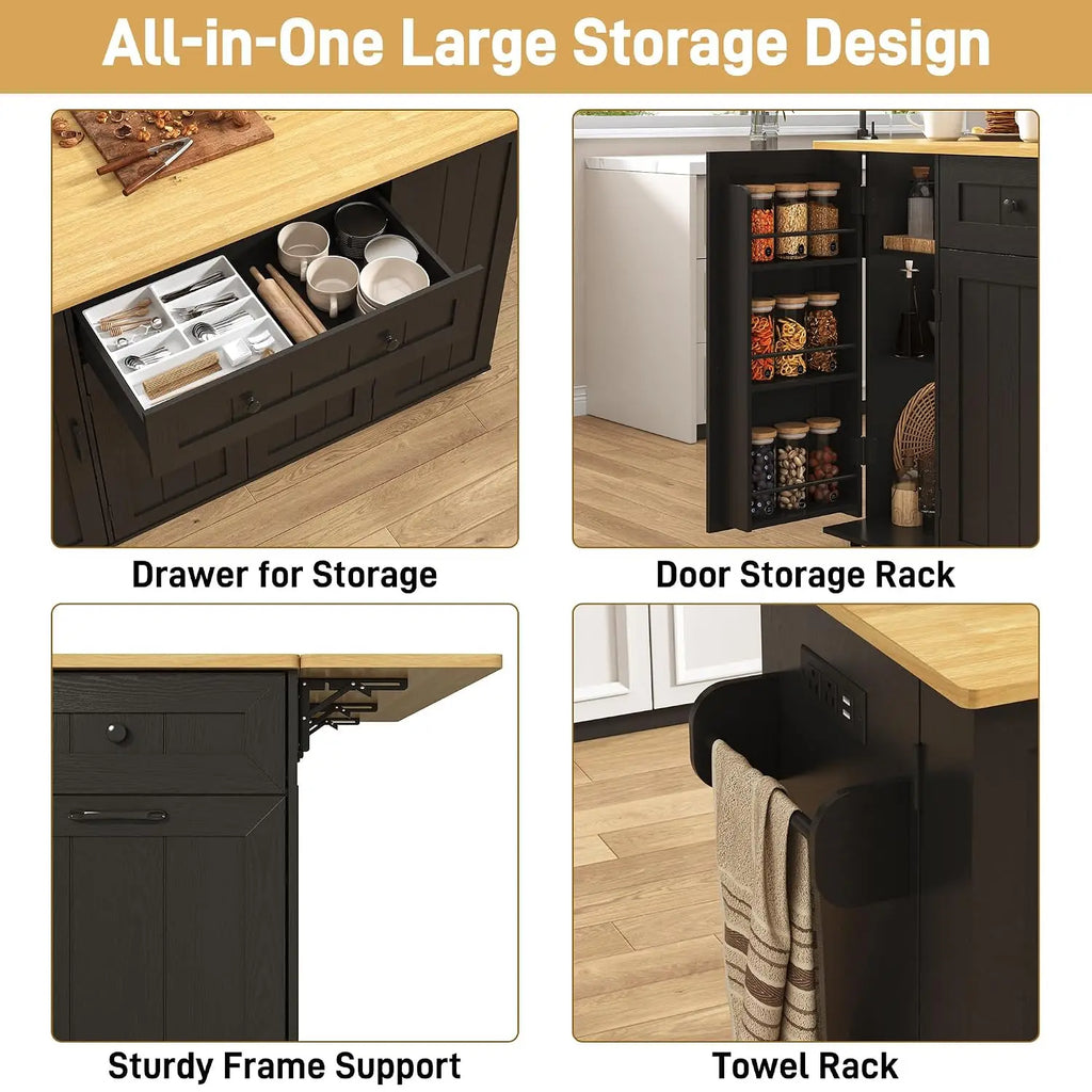57" Rolling Kitchen Island With Power Outlet & Drop Leaf, Mobile Cart With Hidden Trash Cabinet & Towel Rack, Black, Customized