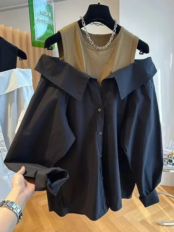 False Two Piece Polo Collar Blouse Women Shirt Loose Tank Patchwork Long Sleeve Shirts Off The Shoulder Spring Pullovers Top New
