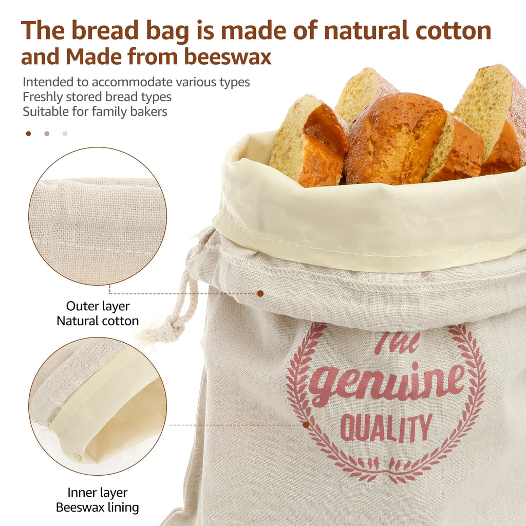 2 Pcs Bread Bag Reusable Cotton and Beeswax Sourdough Bag Multifunctional Portable Bread Sack for Home Picnic Traveling Daily
