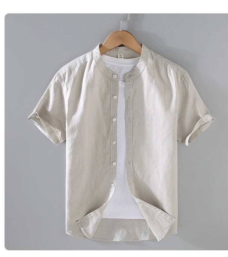 Men's Short-Sleeved Shirt Summer Streetwear Plain Color Stand Collar Casual Beach Style plus Size M-5XL