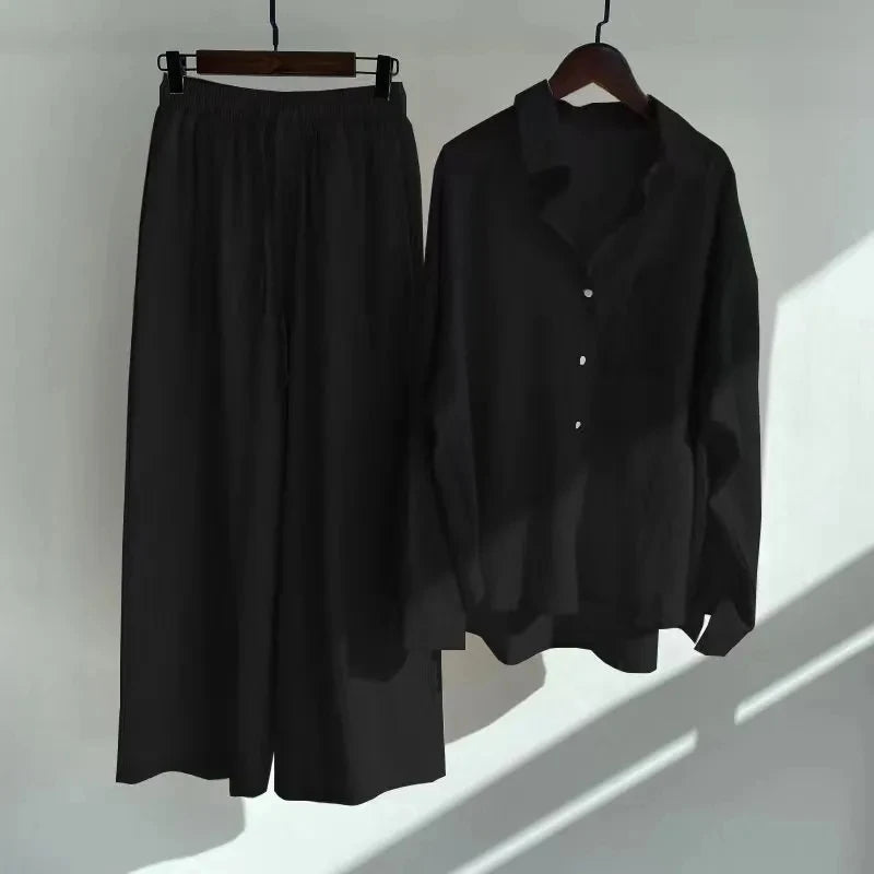 Women's 2-piece set 2026 Spring Autumn New Long sleeved Cotton linen Shirt top+High waisted loose Pants Comfortable Casual Sets