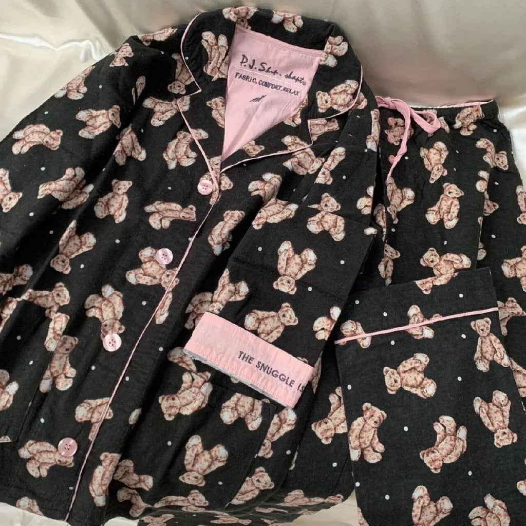 Women's Pajamas Set Cute Cartoon Print Sleepwear Elegant Top&pants 2Pcs Soft Cotton Pyjama Pour Femme Nightwear Loungewear