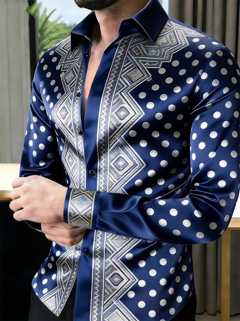 New 11 color men's long sleeved shirt with gold 3D printing, fashionable polka dot pattern, luxurious shirt style